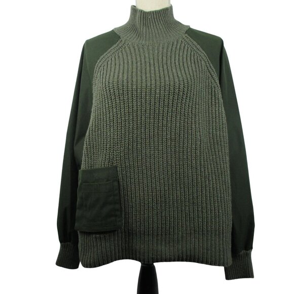 Zara olive Army Green Mixed Material Knit Sweater Mock Neck Utility Size L - Picture 1 of 7